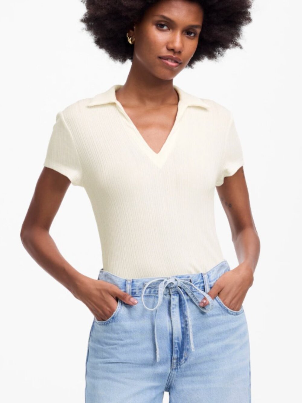 Madewell Ribbed V-Neck Polo Tee White